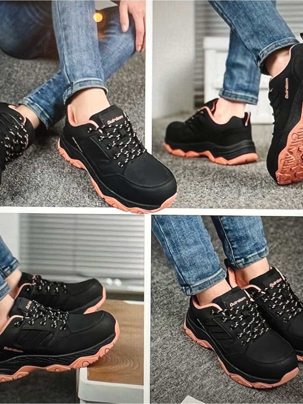 Black and Coral Chunky Lace-Up Sneakers
